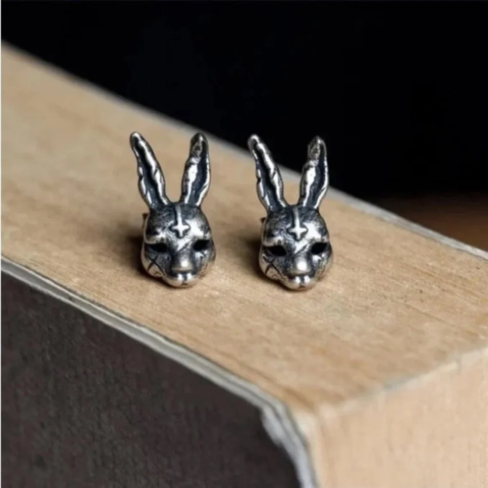 Single accent gothic style cross bunny stud earring S925 sterling silver retro